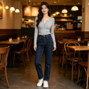 V-Neck Long Sleeve Cotton Henley Shirt - Image 2