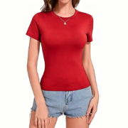 Solid Color Crew Neck Fitted Short Sleeve T-Shirt - Image 2